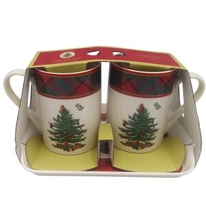 Spode Christmas Tree Mugs Set Tartan Plaid Holiday Coffee Tea 10oz NEW